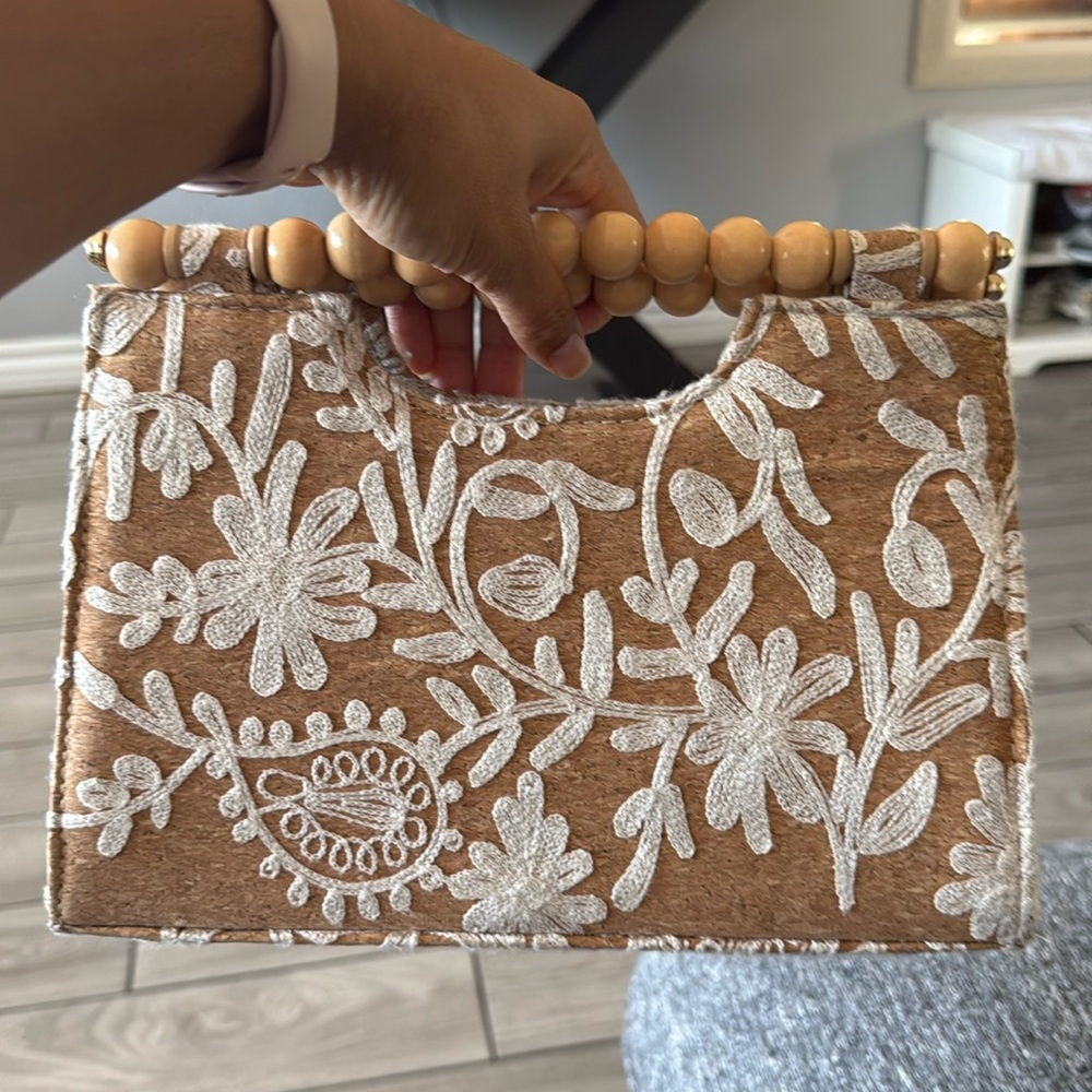 Haute Hippie White and Tan Clutch with Elegant Botanical Design